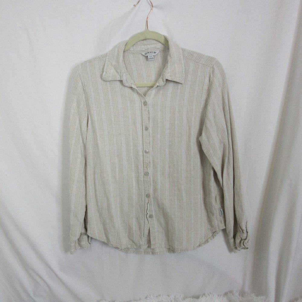 Orvis Long Sleeve Button Down Cream Striped Linen Blend Shirt Size Small - Picture 2 of 10